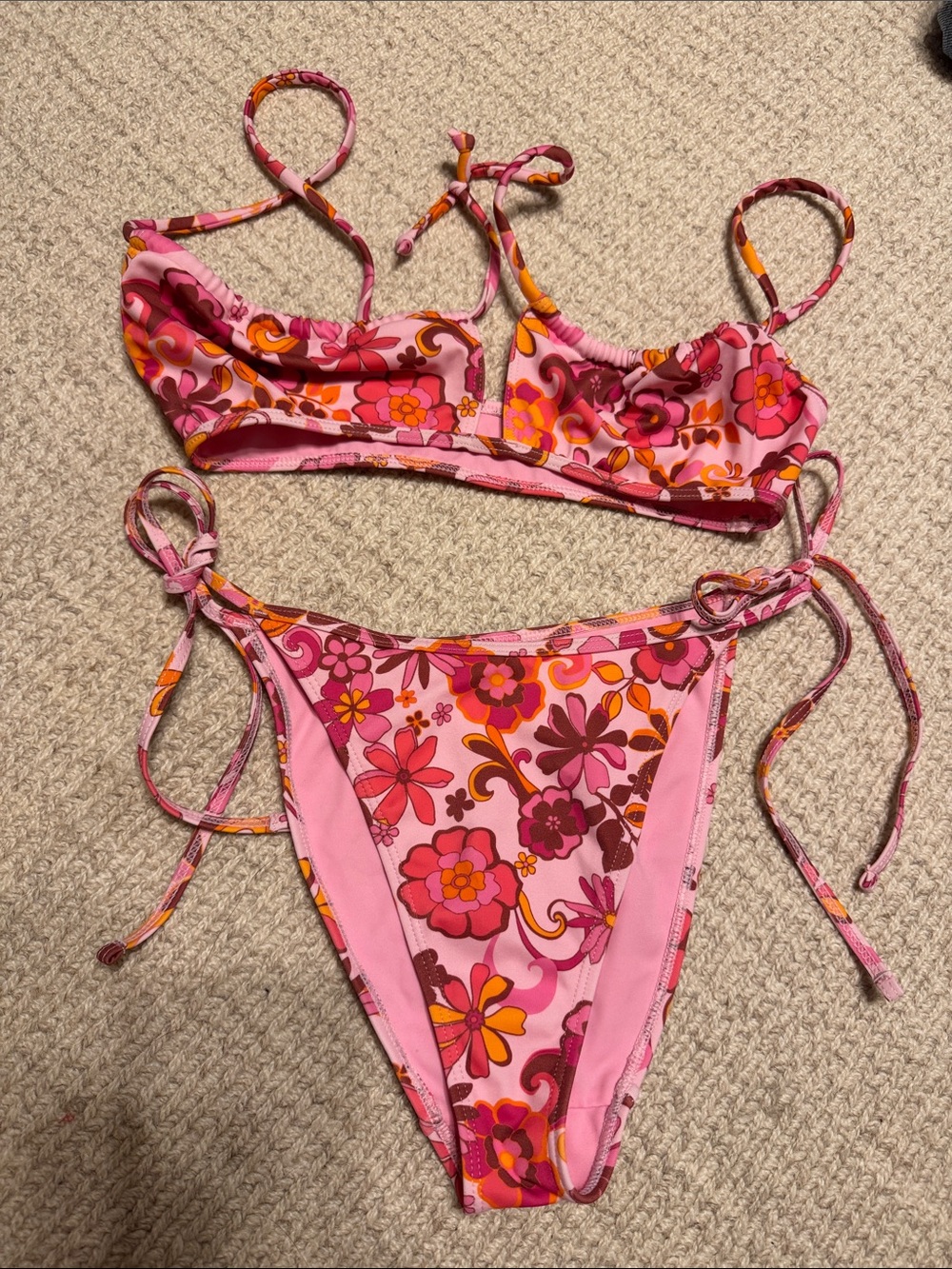 Pink Floral Tie-Side Women's Bikini Set